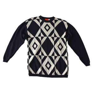 liz&co Navy Cream Geometric Cotton Sweater XS Made in Australia